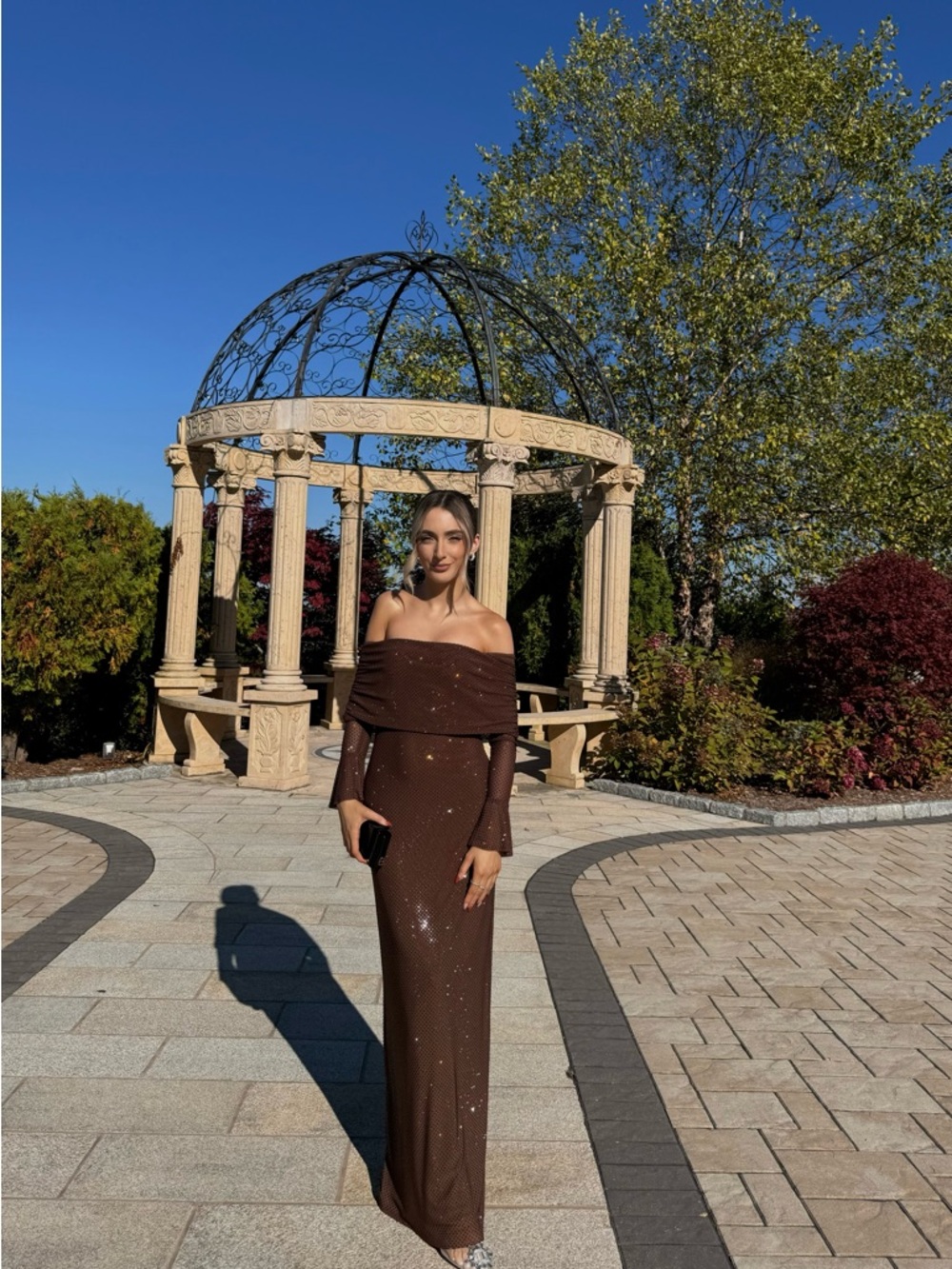 Meshki Brown Sparkly Off-Shoulder Evening Gown